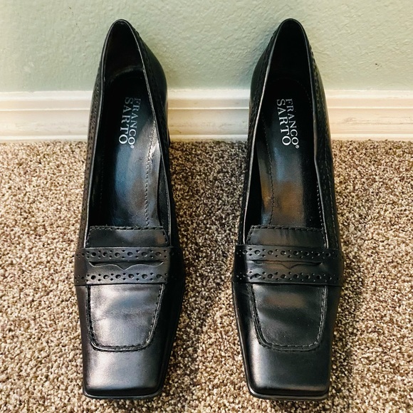 EUC Vintage Franco Sarto Black Leather Heeled Square Toed Penny Loafers - Picture 5 of 17